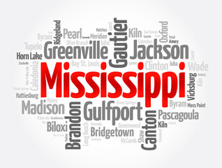 Fototapeta premium List of cities in Mississippi USA state, word cloud concept background