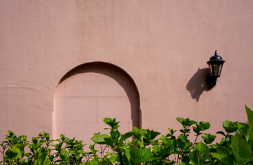 A pink wall with covered doorway and an old style lamp, behind foliage