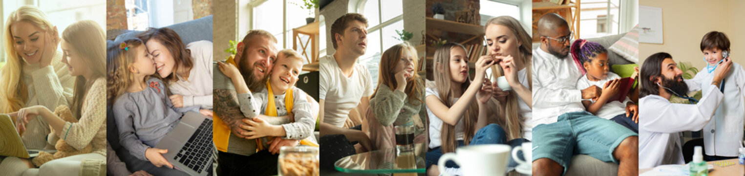 Collage of images of two people, happy mother and daughter, father and son playing, sitting at home, indoors. Concept of family, childhood, leisure activities.