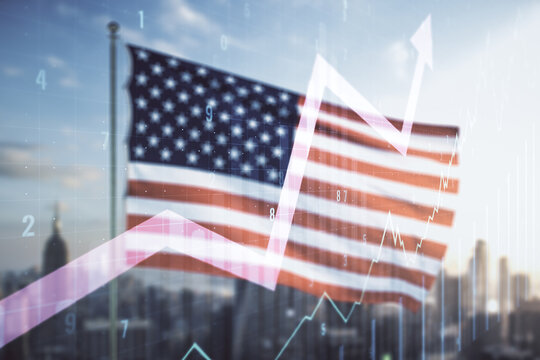 Multi exposure of virtual abstract financial graph and upward arrow on USA flag and blurry cityscape background, forex and investment concept