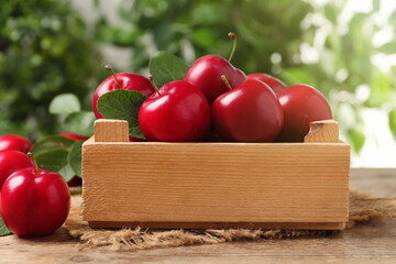 Fresh ripe cherry plums on wooden table outdoors
