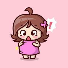 Cute pregnant mom is surprising when the baby is kicking her stomach. High quality cartoon illustration.