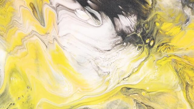 Fluid art drawing video, modern acryl texture with colorful waves. Liquid paint mixing backdrop with splash and swirl. Trendy colors of 2021 year - gray and yellow.