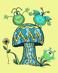 Cute monsters on a mushroom cartoon greeting card