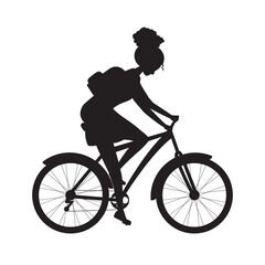 Vector illustration of a  shadow young girl rides a bicycle in a dress and with a backpack. A student or schoolgirl goes to class. Woman cyclist riding a bicycle