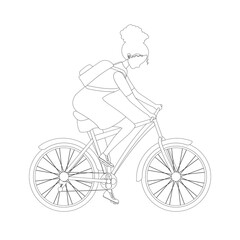 Fototapeta na wymiar Vector illustration of a young girl rides a bicycle in a dress and with a backpack. Out line drawn. A student or schoolgirl goes to class. Woman cyclist riding a bicycle