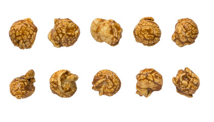 A set of popcorn with caramel isolated on a white background.