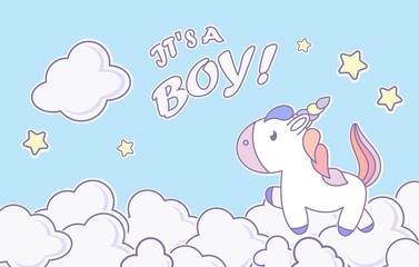 Obraz na płótnie Canvas Baby shower horizontal banner with cartoon unicorn, clouds on blue background. It's a boy. Vector illustration