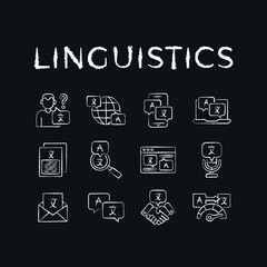 Translation chalk icons set. Linguistics. Vector isolated black illustration.