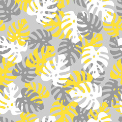Illustration of yellow white and gray leaves monstera. Seamless pattern