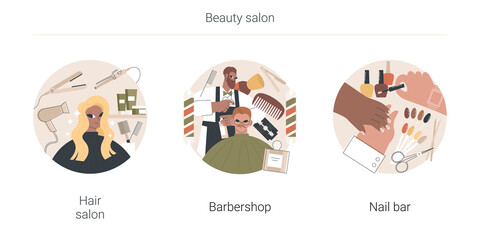 Beauty salon abstract concept vector illustration set. Hair salon, barbershop, nail bar, Haircut service, beard shaving, nail polish, french manicure, hairstylist chair and scissors abstract metaphor.