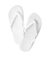 Pair of stylish flip flops isolated on white, top view