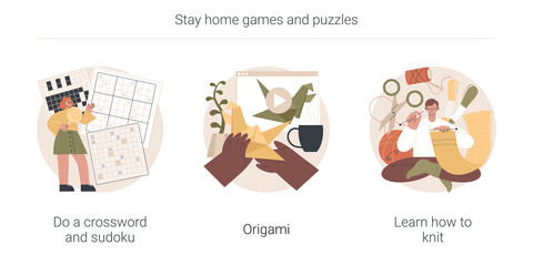 Stay home games and puzzles abstract concept vector illustration set. Do crossword and sudoku, origami, learn how to knit, self-isolation time spending, quarantine leasure activity abstract metaphor.