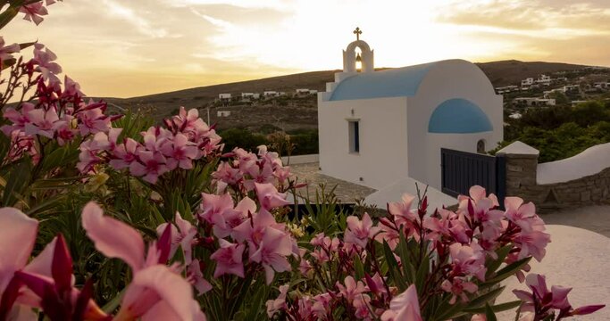 Beautiful Sunset behind a greek chapel on the island of Paros, Greece
