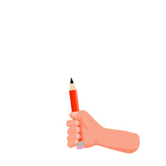 Hand hold red pencil. Artist and creativity. A writing tool for drawing. Flat cartoon illustration