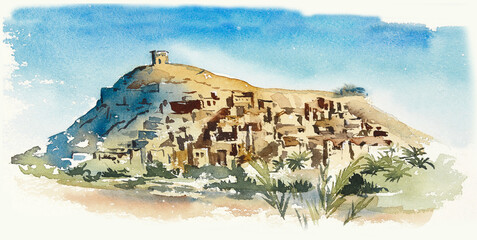 Old  town in Morocco. Sketch from architecture. Watercolor hand drawn illustration