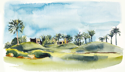 Oasis in Morocco. Sketch from architecture. Watercolor hand drawn illustration - 451443986