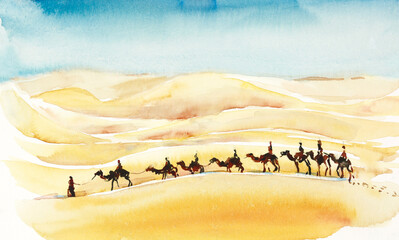 Caravan camels in the desert Morocco. Watercolor hand drawn illustration - 451443991