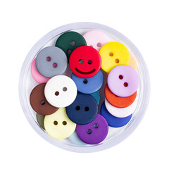 Bright colored buttons close-up in a small box on a white background
