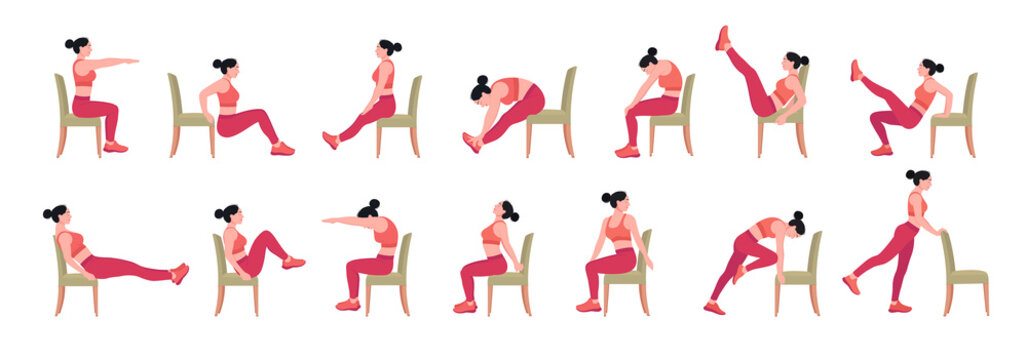 Chair yoga poses. Chair stretching exercises set. Woman workout