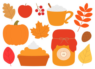 Autumn leaves pumpkin jam pie berries vector illustration