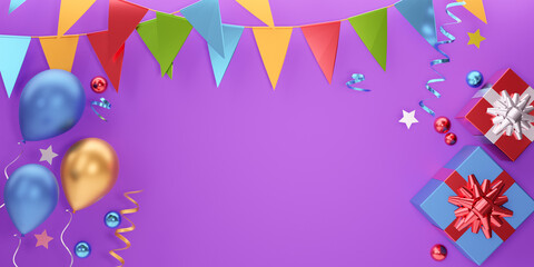 Party element banner background. 3D Balloon gift box star and hanging flag on purple background. 3D Illustration Rendering