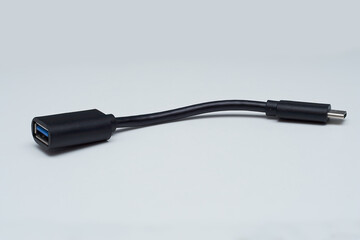 View of USB-A to USB-C converter cable on white background.