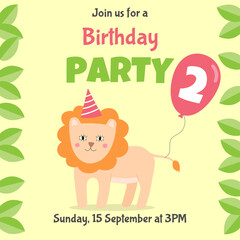 Birthday invitation card with cute lion and pink balloon. Two year birthday party.