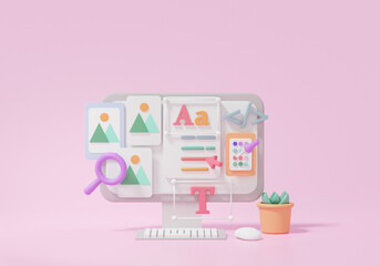 UI-UX graphic design. user interface system application software development concept. on computer. cartoon style minimal. 3D rendering illustration