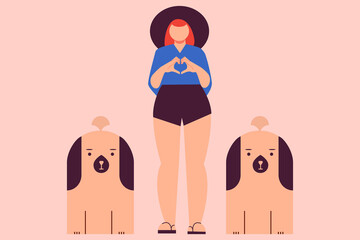 Dog lover, ginger woman and two big, funny dogs. Concept illustration on treating animals with love and respect. Flat vector illustration on pink background