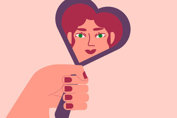 Colorful person holding a mirror. Concept on celebration of self, self-acceptance, self-love. Colorful vector illustration on pink background
