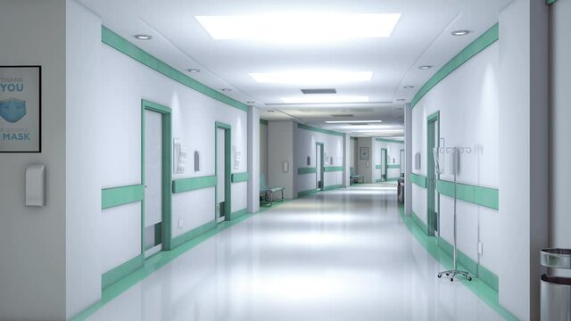 Endless empty hospital corridor animation. 3d rendering, Seamless loop.