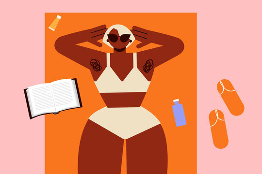 Black body positive girl lying on the beach, relaxing. Concept on beauty standards. Hairy armpits, natural, authentic bodies. Minimal colorful vector illustration