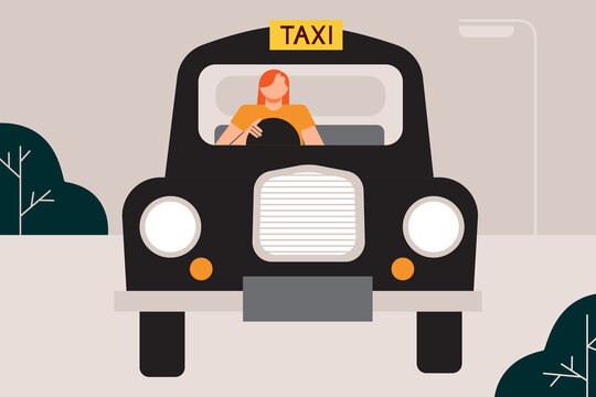 British Female Taxi Driver, Woman. Redhead Woman Driving Black Cab. Flat Vector Illustration. Character Design