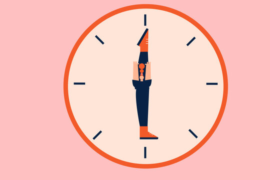 Concept on deadline, time management. Working around the clock. Busy woman, gymnast. Colorful flat vector illustration on pink background