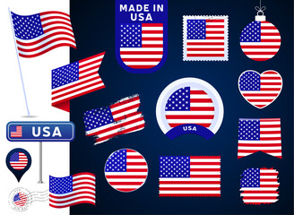 usa flag vector collection. big set of national flag design elements in different shapes for public and national holidays in flat style. Post mark, made in, love, circle, road sign, wave