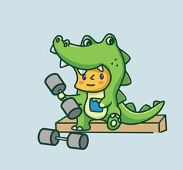 cute baby crocodile costume lifting dumbbell. cartoon animal sports concept Isolated illustration. Flat Style suitable for Sticker Icon Design Premium Logo vector. Mascot character