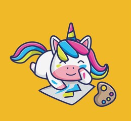 cute unicorn girl painting. cartoon animal hobby concept Isolated illustration. Flat Style suitable for Sticker Icon Design Premium Logo vector. Mascot character