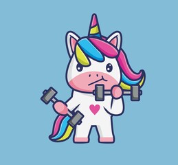 cute unicorn lifting dumbbell fitness gym. cartoon animal sports concept Isolated illustration. Flat Style suitable for Sticker Icon Design Premium Logo vector. Mascot character