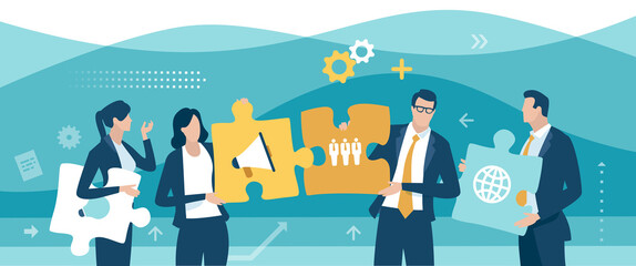The Team. The parts form a whole. Project - idea, advertising, human resources and accounting. Workers hold puzzle elements parts of the project. Vector illustration.