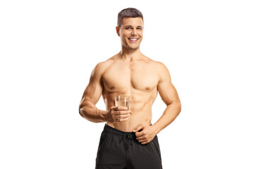 Shirtless muscular guy holding a glass of water