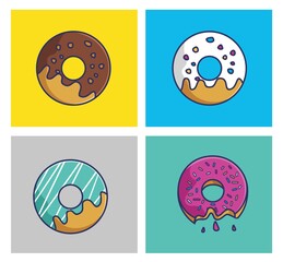 Cute Cartoon sweet donuts set colorful taste chocolate greentea milk strawberry for kid child. Food and Drink Cartoon Flat Style Icon illustration Premium Vector Logo