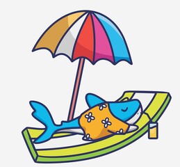 Obraz na płótnie Canvas cute shark sunburning colorful umbrella. cartoon animal travel holiday vacation summer concept Isolated illustration. Flat Style suitable for Sticker Icon Design Premium Logo vector. Mascot Character
