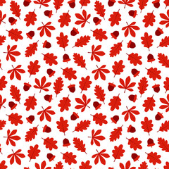 Seamless pattern with red leaves and acorns. Cute and childish design for fabric, textile, wallpaper, bedding, swaddles, toys, gender-neutral apparel.