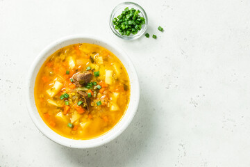 Roasted butternut squash red lentil soup. Top vview, copy space.