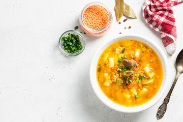 Instant pot Moroccan red lentil soup. Top vview, copy space.