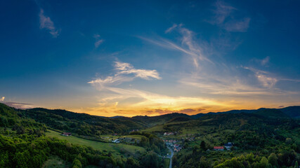 sunset over the village of Zupkov in central Slovakia