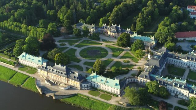 aerialview over the beautiful old Castle Schloss Pillnitz near Dresden and the river elbe