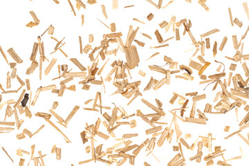 Oak chips sawdust isolated white background. small wood chips for smoking. sawdust texture . ecological fuel