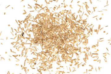 Oak chips sawdust isolated white background. small wood chips for smoking. sawdust texture . ecological fuel